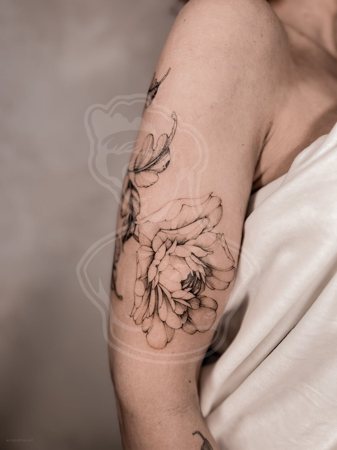Tatuaż Botanika piwonia ramie - ArcyTattoo Lublin